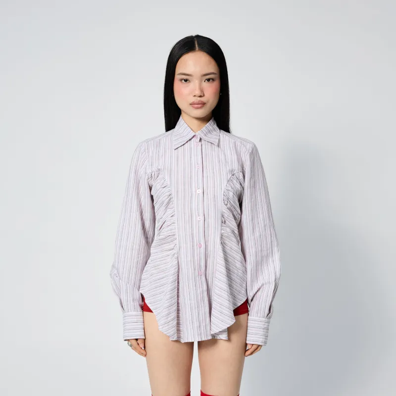Ruffle Blouse in Pink Stripe sold by Arthur Apparel