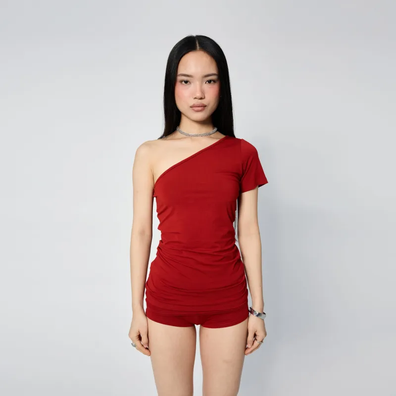 Asymmetric Tee in Crimson sold by Arthur Apparel