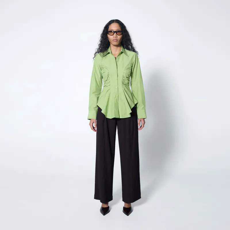 Slouchy Pleat Pant in Red Pinstripe sold by Arthur Apparel