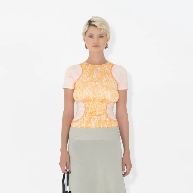 Raglan Tight Tee in Orange Scribble sold by Arthur Apparel