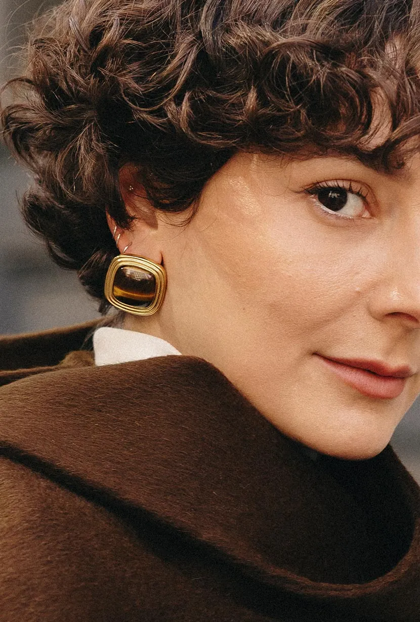 Gold Square Tiger's Eye Stud Earrings sold by Etela Petite