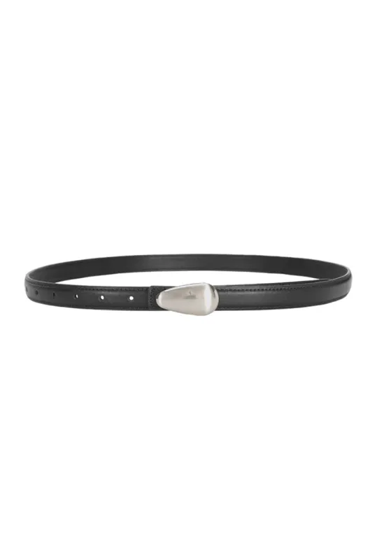 Black and Silver Oval Buckle Thin Leather Belt sold by Etela Petite