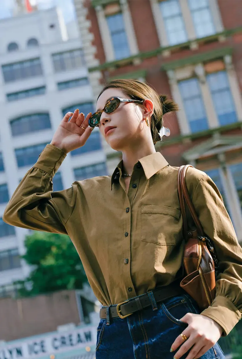 Brenda Cotton Blend Shirt - Olive Brown sold by Etela Petite product image thumbnail 4