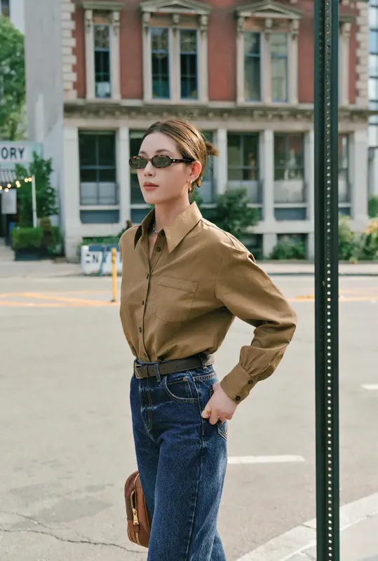 Brenda Cotton Blend Shirt - Olive Brown made by Petite Studio