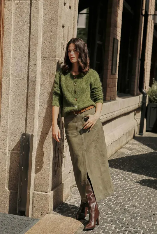 Debbie Suede Pencil Skirt - Kahki Green sold by Etela Petite