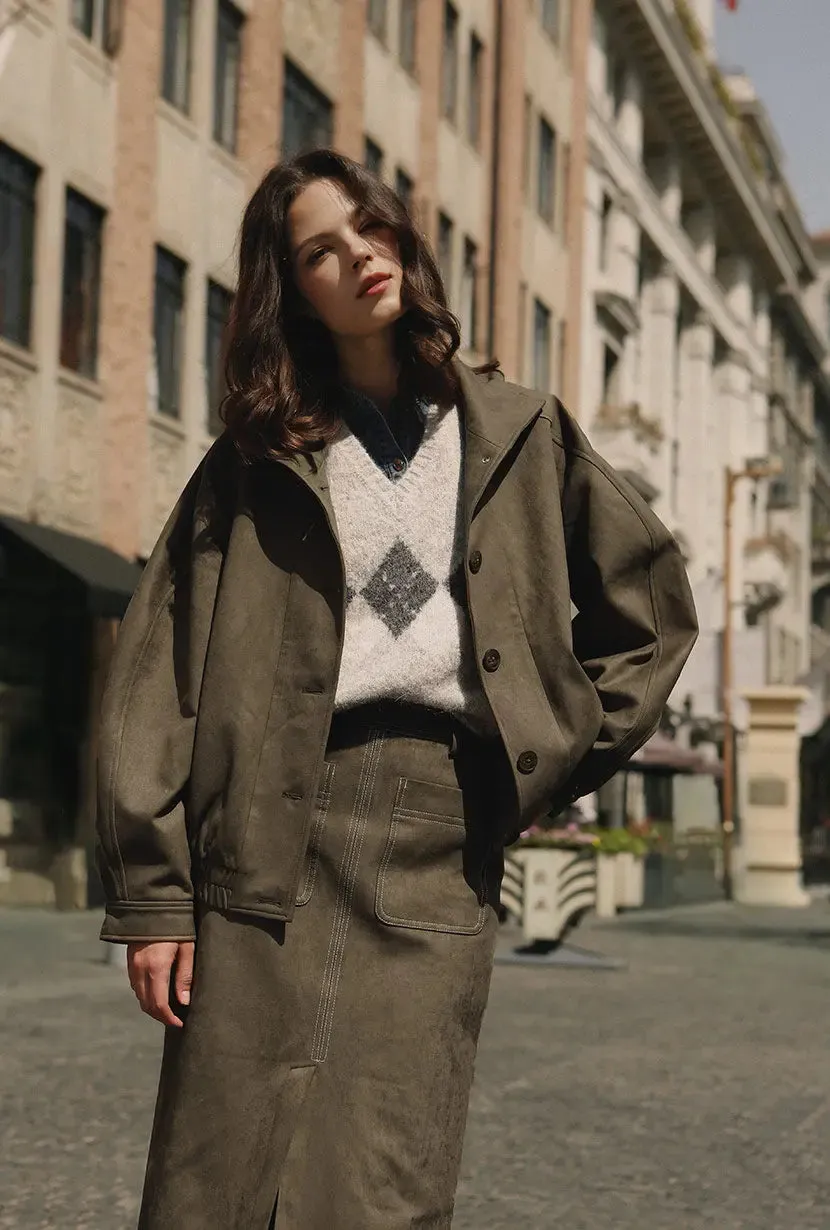 Ashley Oversized Suede Jacket - Kahki Green sold by Etela Petite