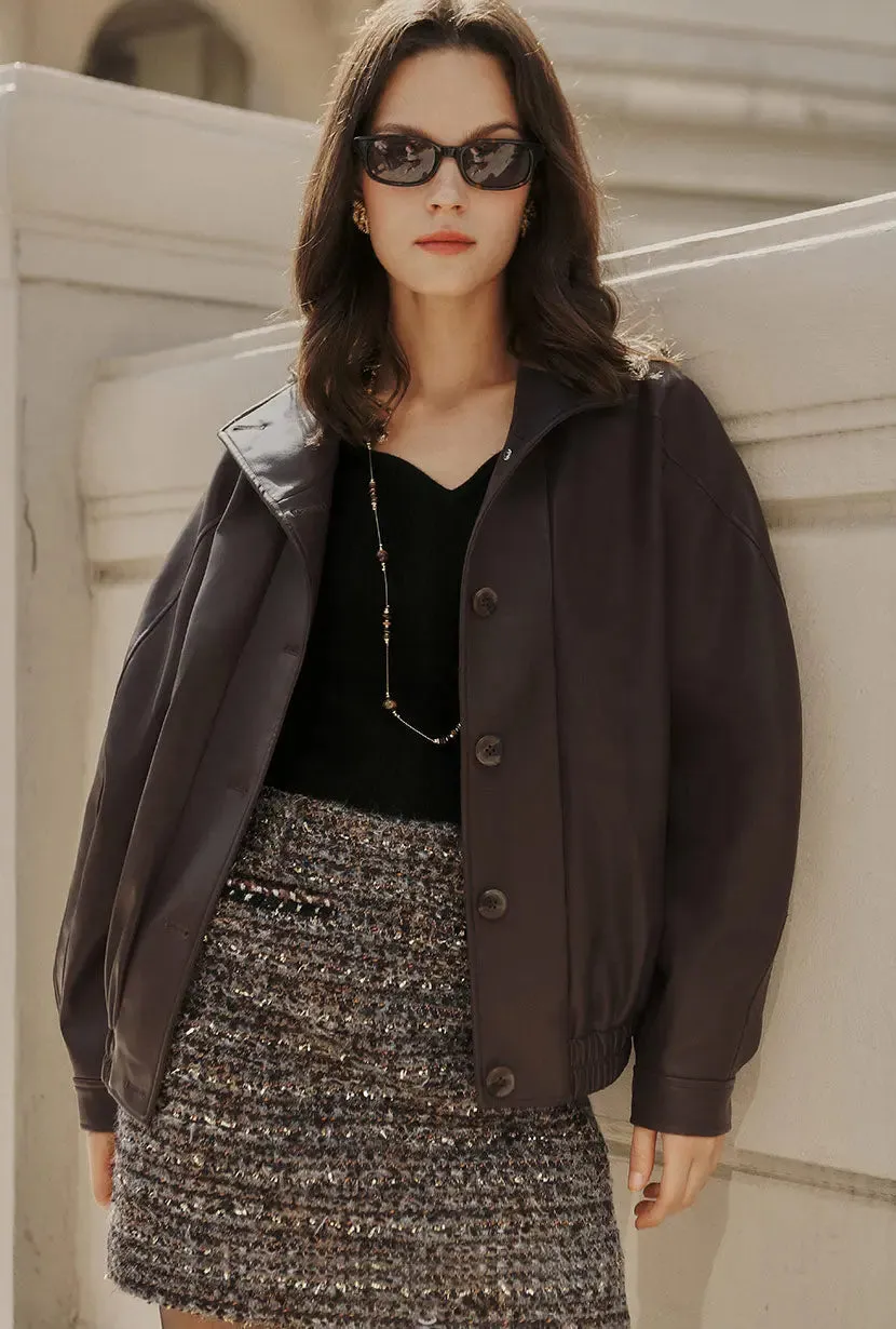 Ashley Oversized Faux Leather Jacket - Dark Umber sold by Etela Petite