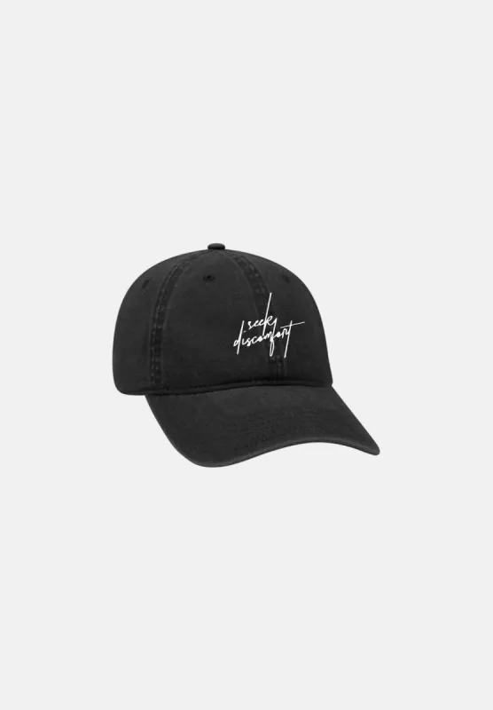 Black Script Seek Discomfort Dad Hat sold by Seek Discomfort