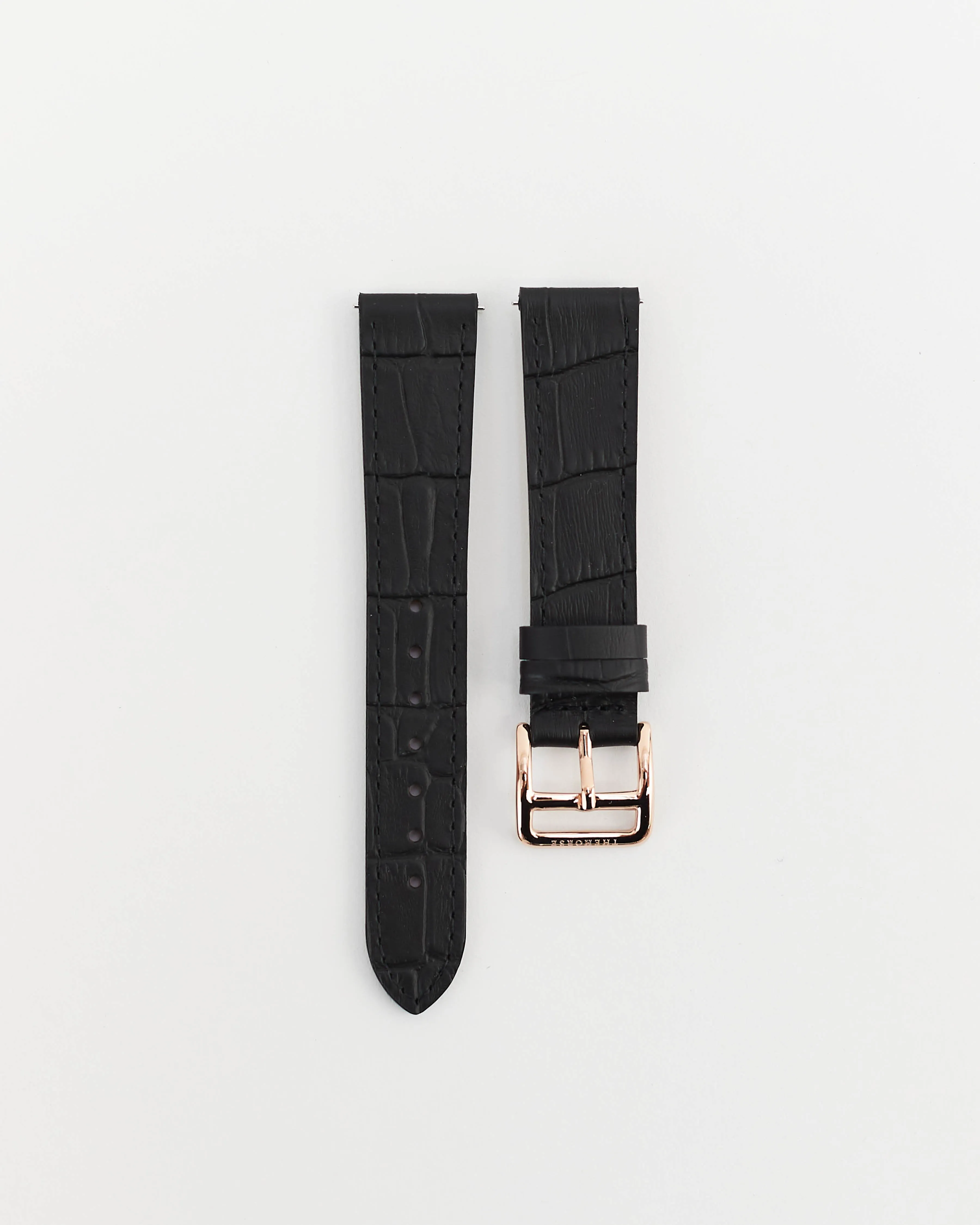 The 18mm Dress Watch Strap: Black Alligator Leather / Rose Gold Strap sold by The Horse