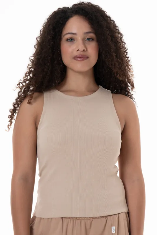 Hi Neck Ribbed Tank _ 146991 _ Stone sold by Refinery