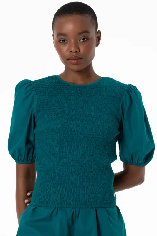 Shirred Poplin Top _ 143365 _ Green sold by Refinery