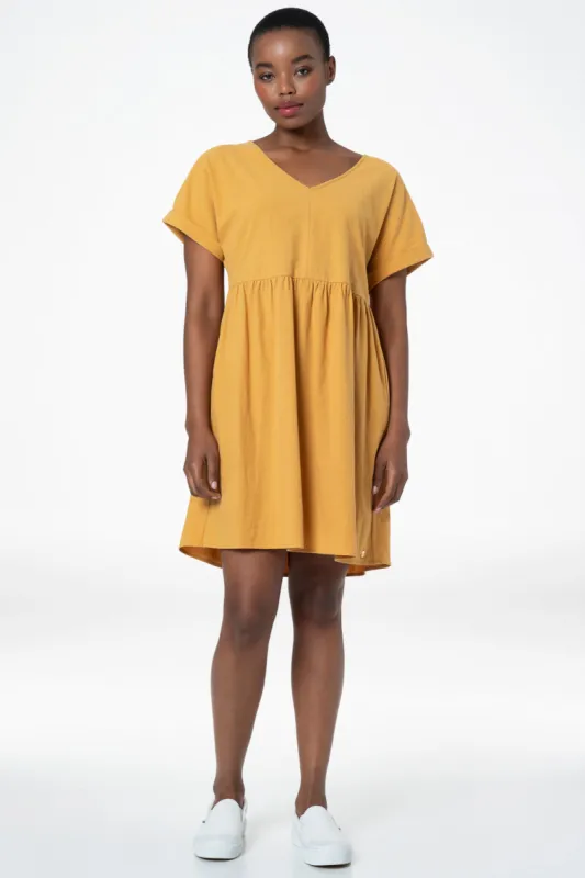 Linen Cutline Dress _ 143347 _ Yellow sold by Refinery