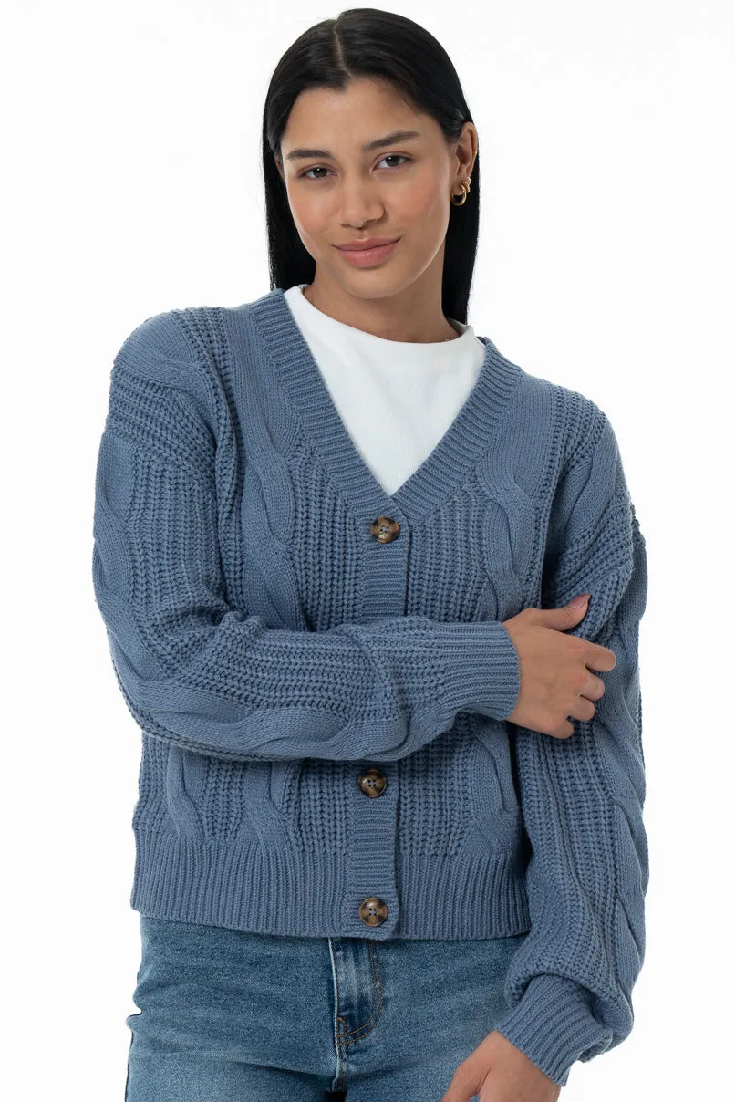 Chunky Cable Cardigan _ 157531 _ Blue sold by Refinery