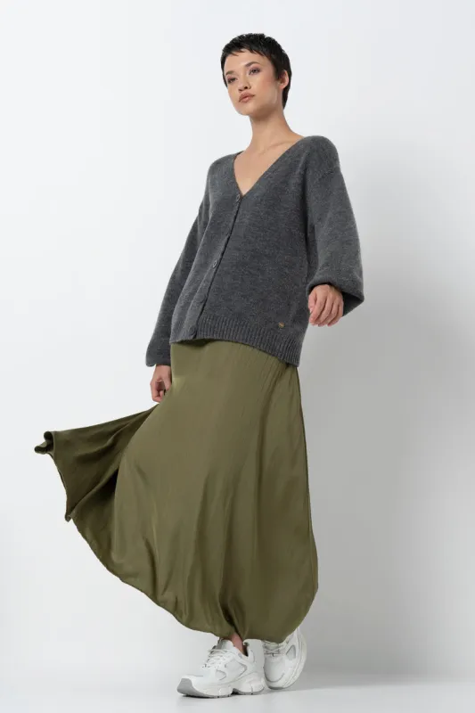Pleated A-Line Skirt _ 157591 _ Olive sold by Refinery