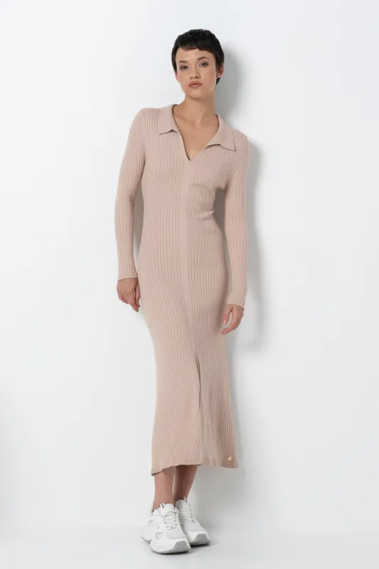 Ribbed Collar Dress _ 157588 _ Taupe sold by Refinery