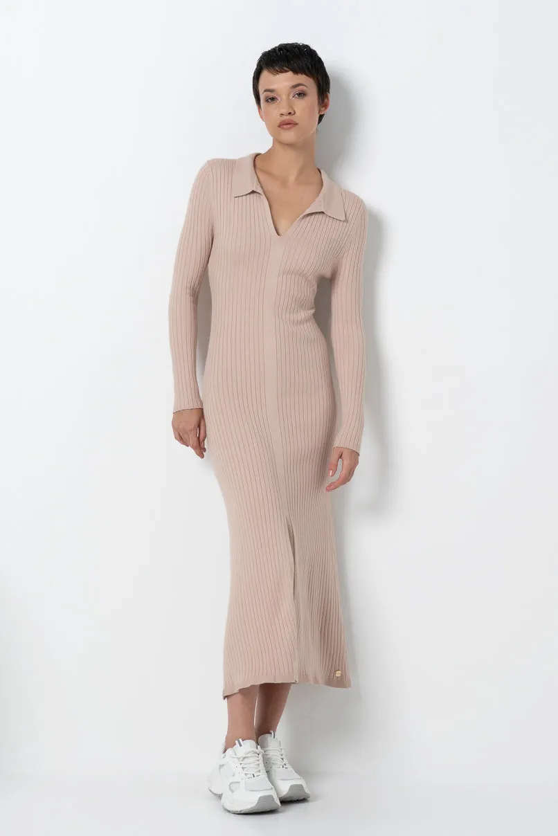 Ribbed Collar Dress _ 157588 _ Taupe sold by Refinery
