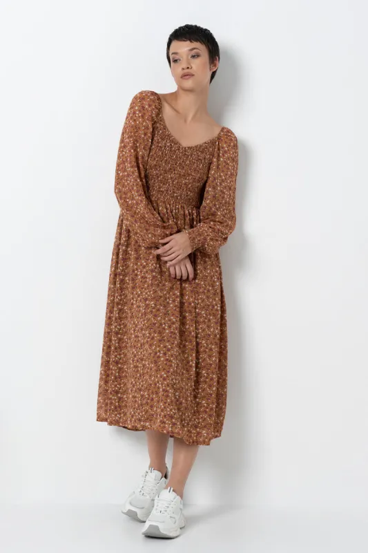 Shirred Bodice Dress _ 157883 _ Tan sold by Refinery