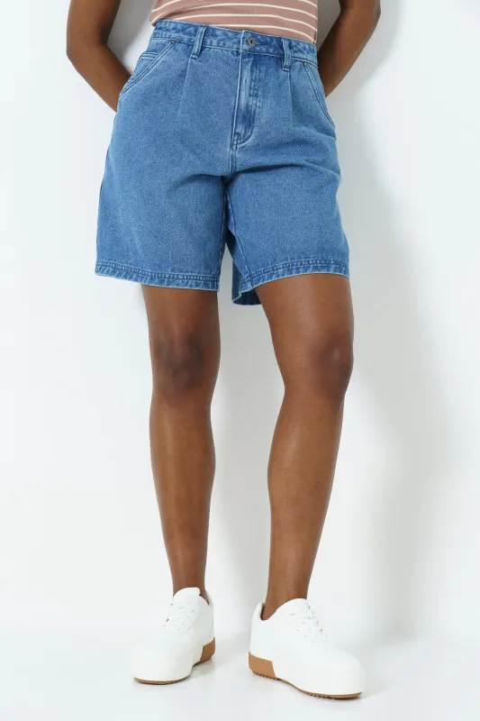Pleat Hi Rise Bermuda _ 166092 _ Mid Wash sold by Refinery