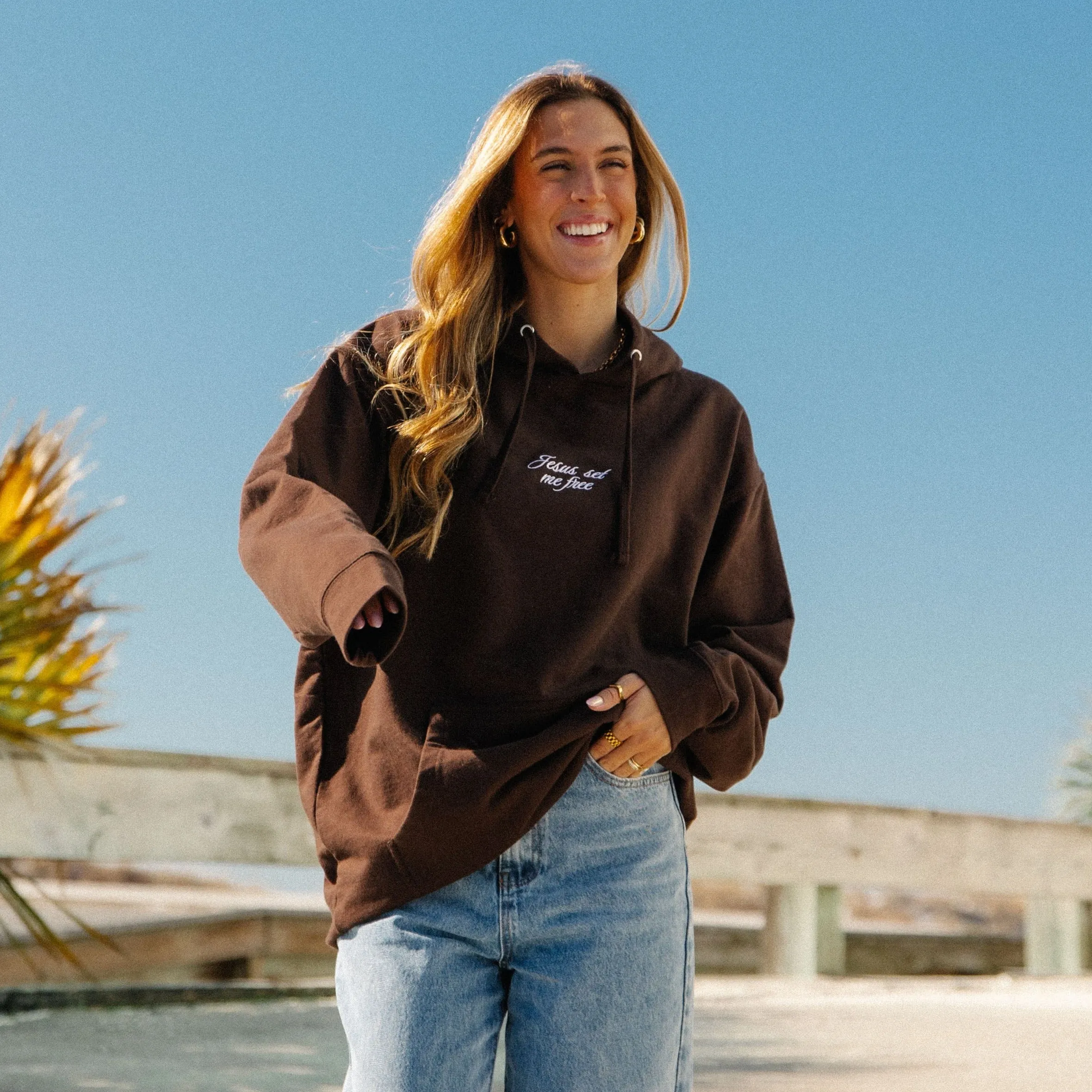 NEW! | "JESUS SET ME FREE" PREMIUM EMBROIDERED HOODIE | BROWN sold by He Would Love First