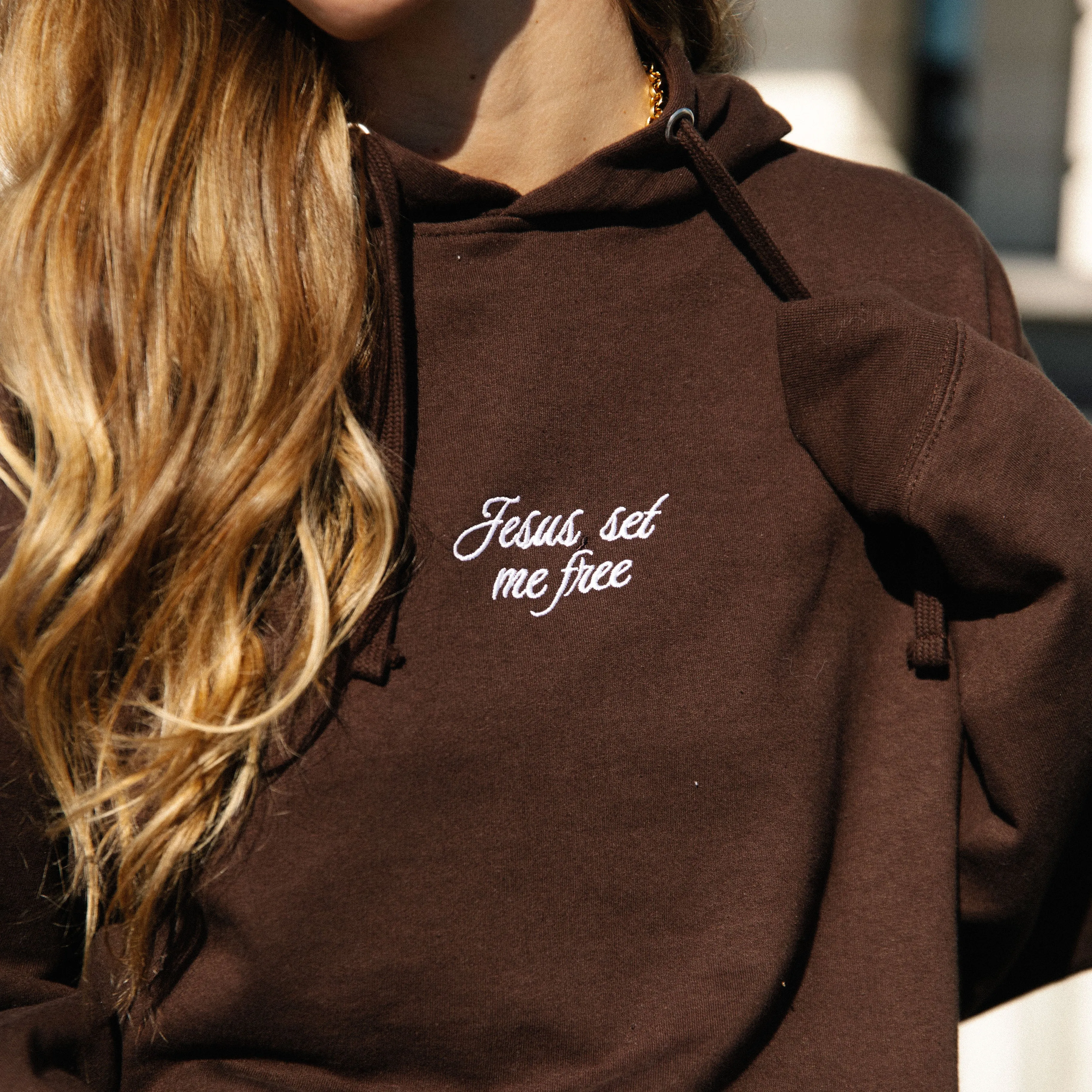 NEW! | "JESUS SET ME FREE" PREMIUM EMBROIDERED HOODIE | BROWN sold by He Would Love First product image thumbnail 3