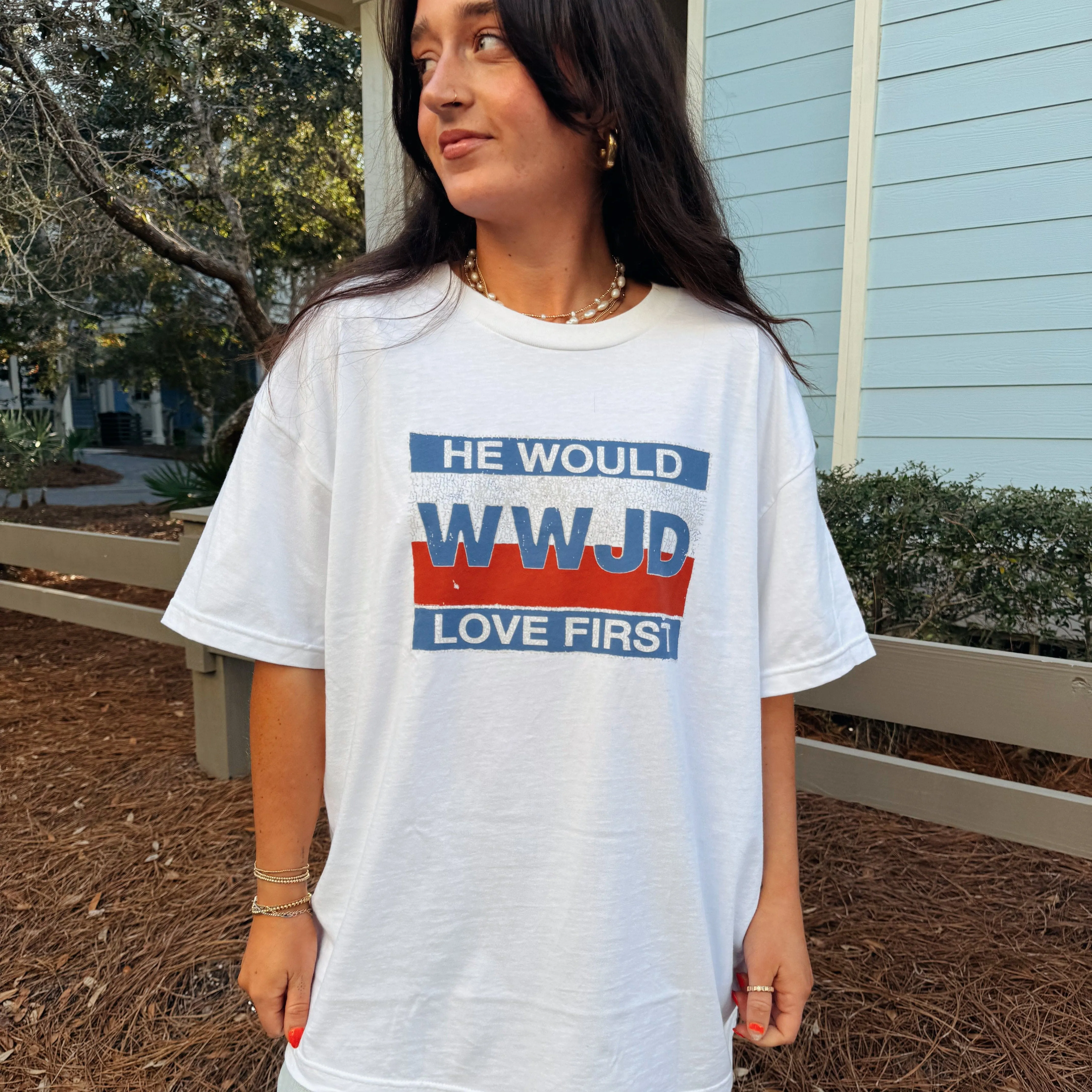 RESTOCK! | RETRO "WWJD" FLAG TEE | WHITE sold by He Would Love First