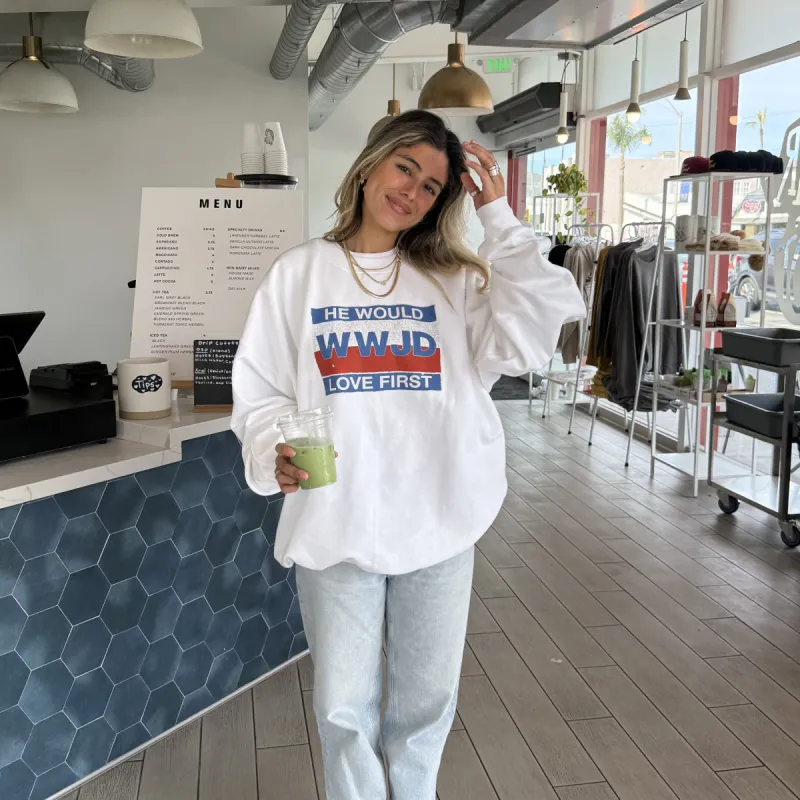 RESTOCK! | RETRO "WWJD" FLAG CREWNECK | WHITE sold by He Would Love First