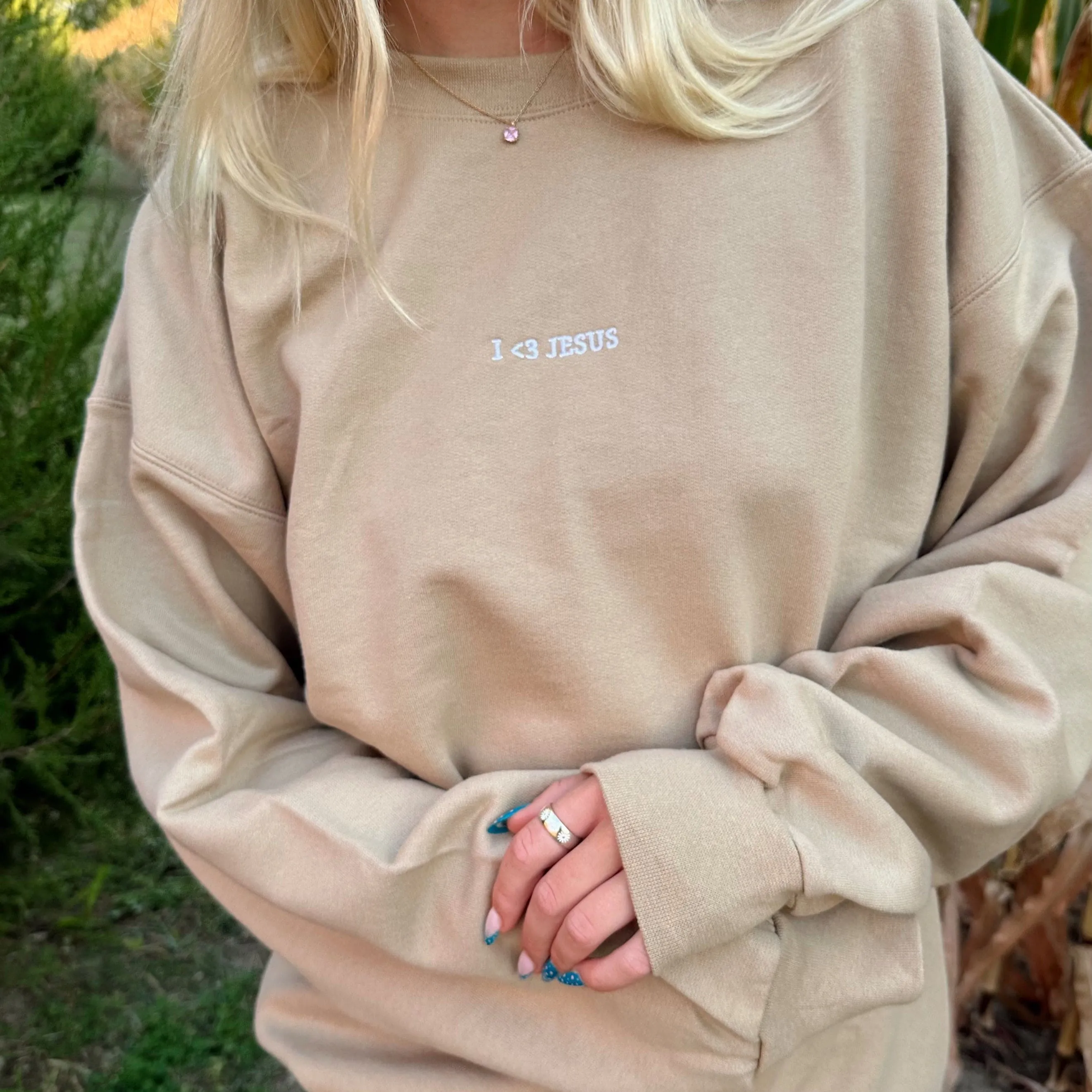 NEW | "I <3 JESUS" PREMIUM EMBROIDERED CREWNECK | LIGHT BROWN sold by He Would Love First