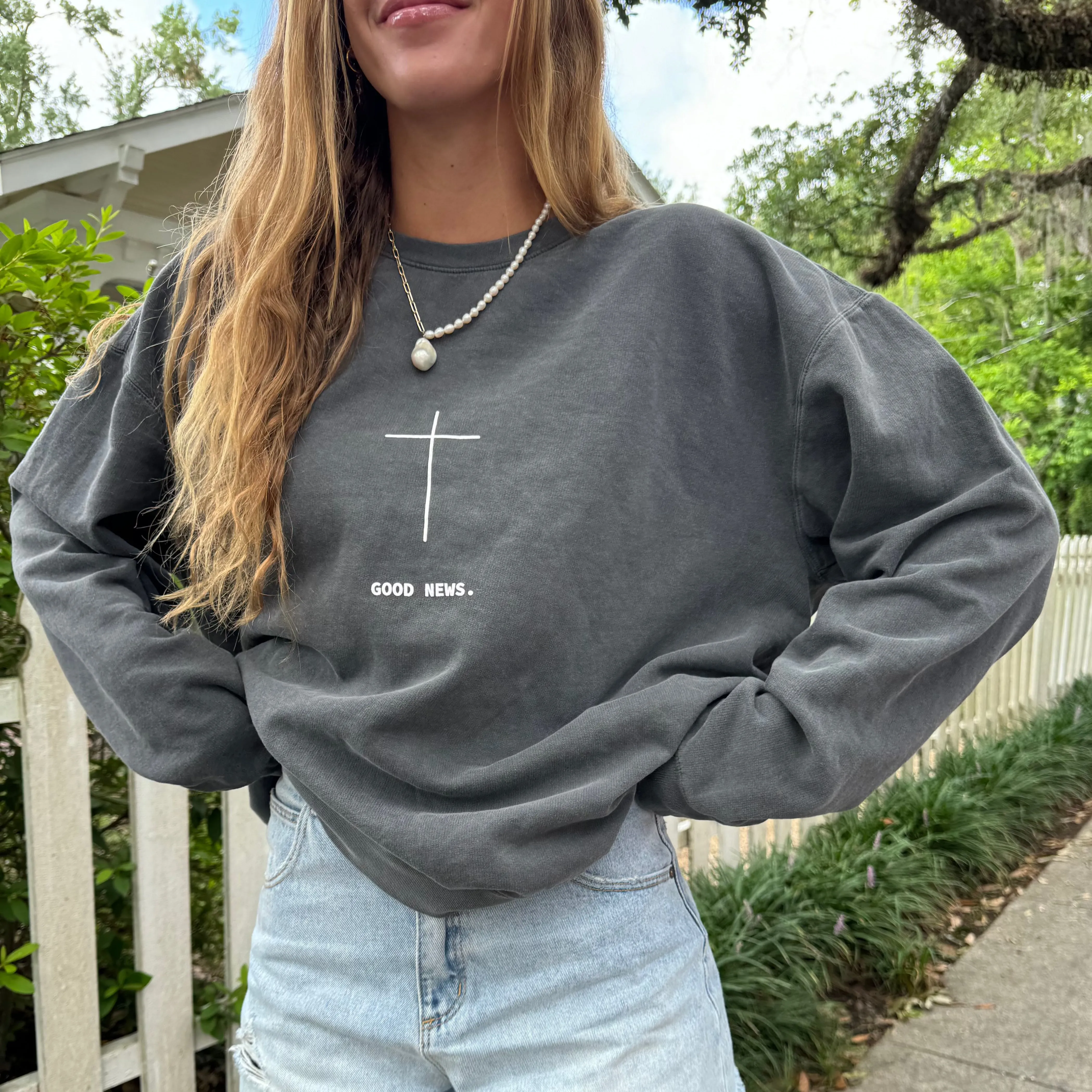 NEW! | "GOOD NEWS" PREMIUM COMFORT COLOR CREWNECK | PEPPER sold by He Would Love First product image thumbnail 3