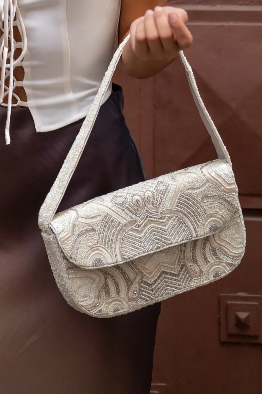 Lucy White and Silver Beaded Shoulder Bag sold by 12th Tribe