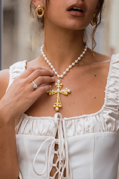 Santina Pearl and Gold Statement Cross Necklace sold by 12th Tribe product image thumbnail 2