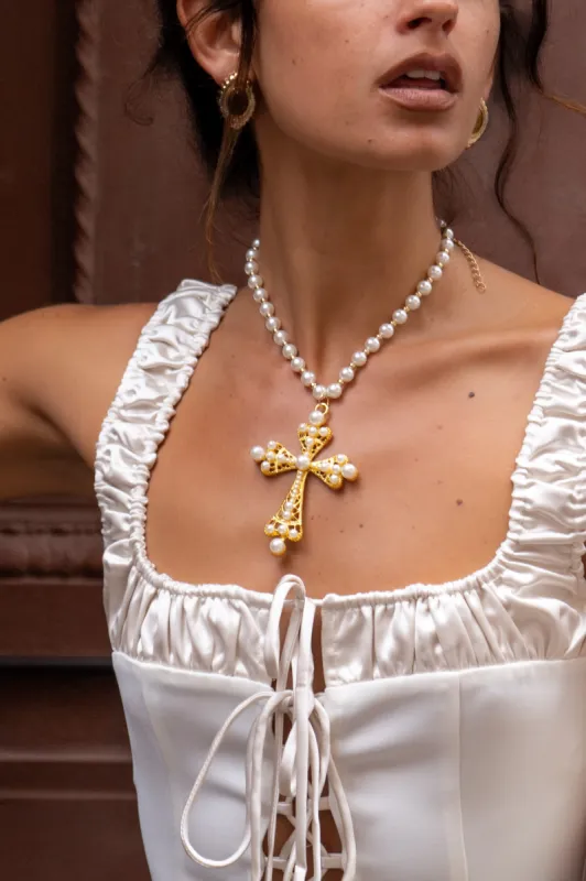 Santina Pearl and Gold Statement Cross Necklace sold by 12th Tribe