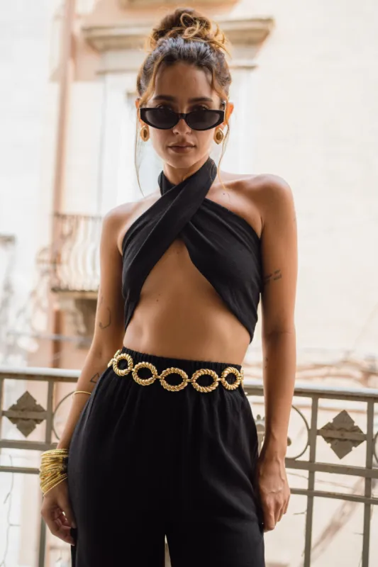 Amalfi Black Linen Halter Top sold by 12th Tribe