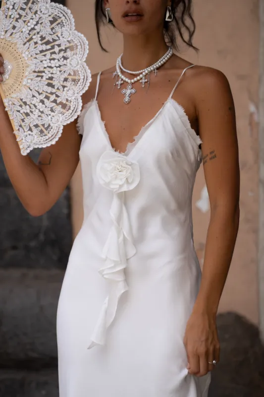 Prosecco White Rosette Frill Maxi Dress sold by 12th Tribe