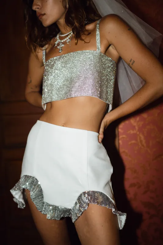 Encore White Sequin Ruffle Micro Mini Skirt sold by 12th Tribe