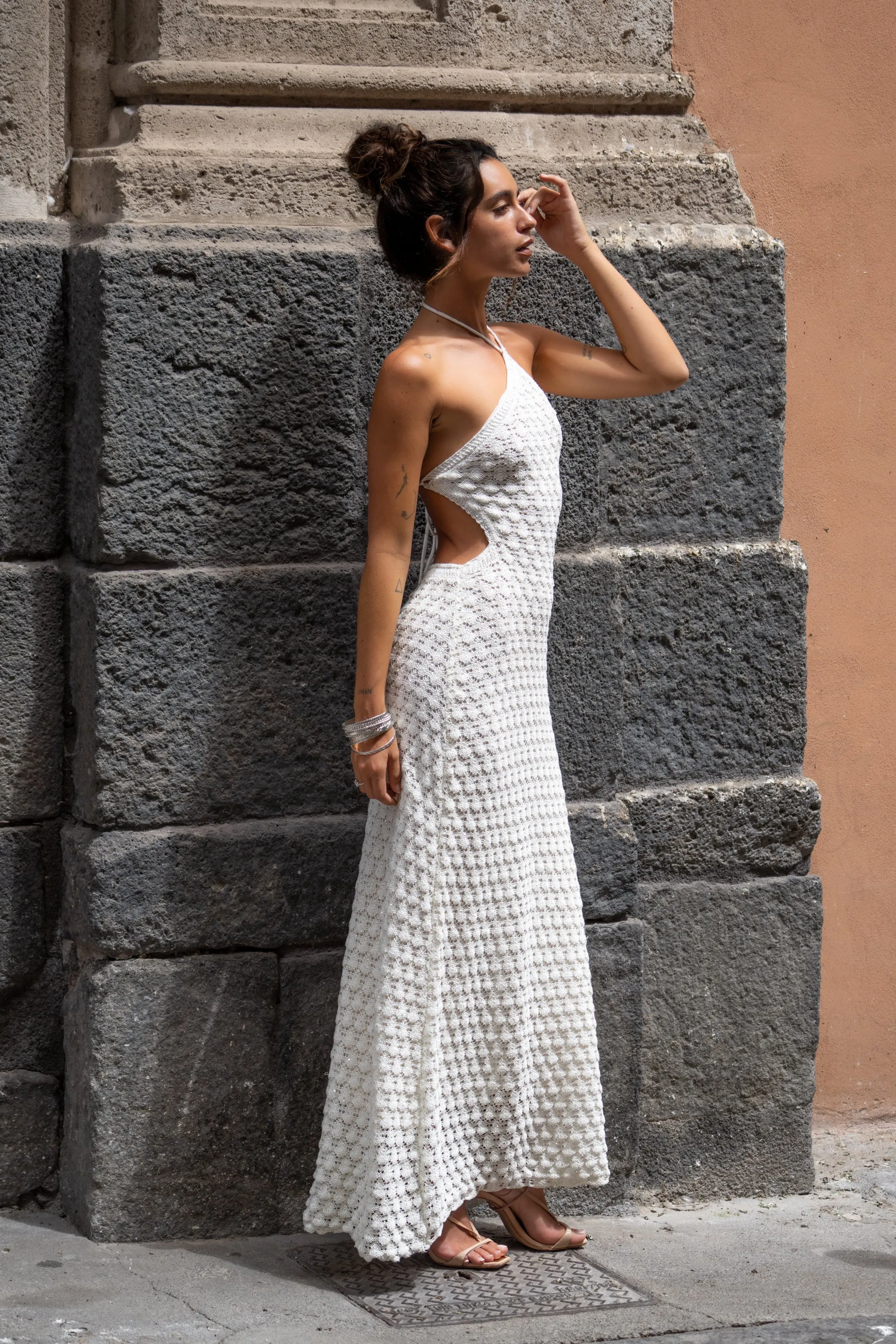 Amara White Halter Glitter Knit Maxi Dress sold by 12th Tribe