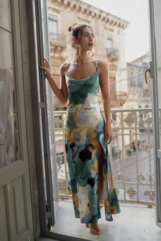 Natalia Blue and Gold Watercolor Maxi Dress made by 12th Tribe
