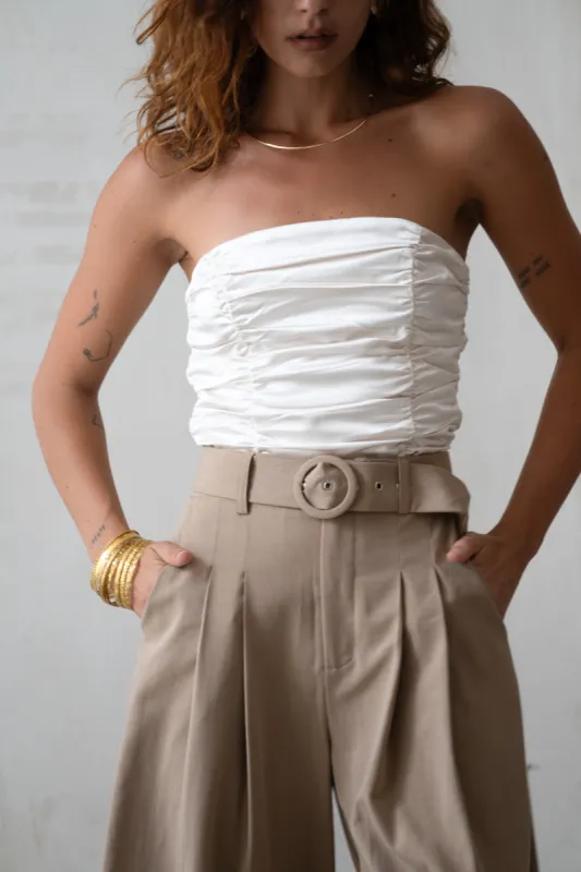 Savina Ivory Strapless Ruched Satin Top sold by 12th Tribe