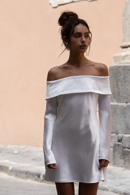 Celia White Off Shoulder Satin Mini Dress sold by 12th Tribe product image thumbnail 3
