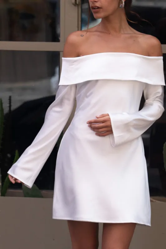 Celia White Off Shoulder Satin Mini Dress sold by 12th Tribe