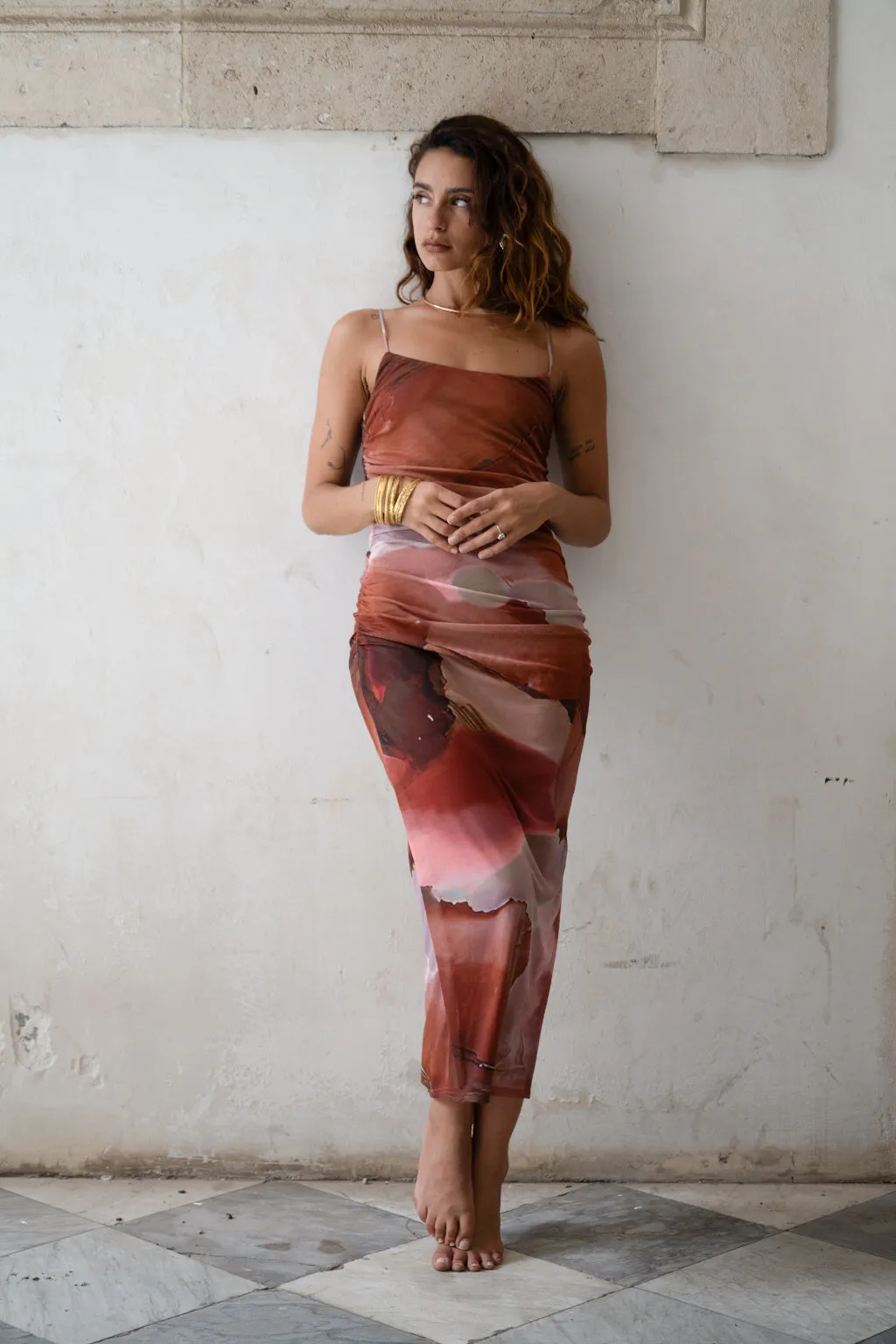 Caterina Rust Abstract Mesh Midi Dress sold by 12th Tribe