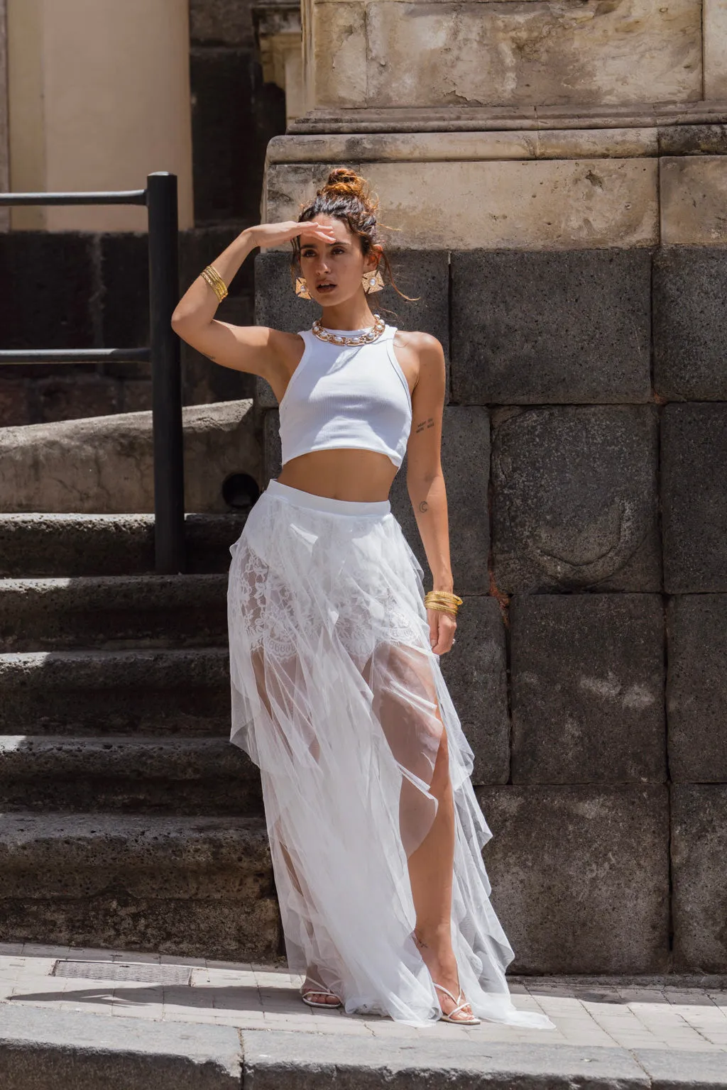 12th Tribe Rosalie Rock White Tulle Maxi Skirt Parallel