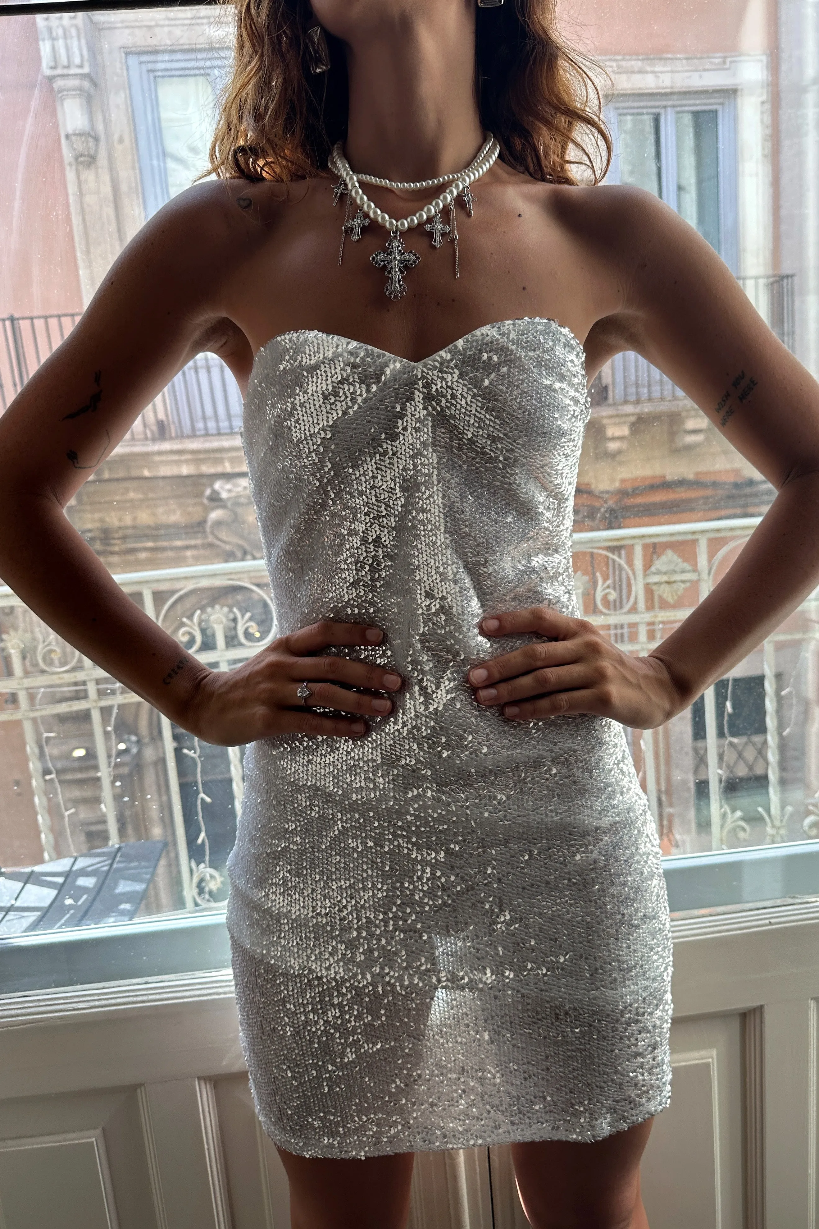 Dynamite White and Silver Sequin Mini Dress sold by 12th Tribe