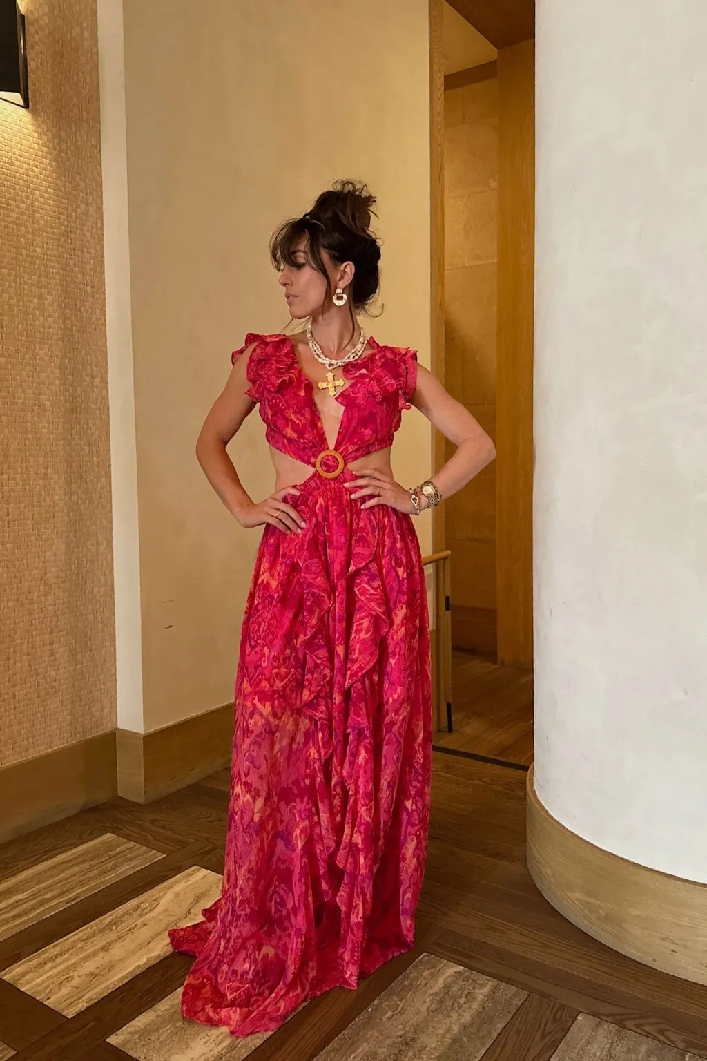 Jolie Pink Printed Ruffle Maxi Dress sold by 12th Tribe