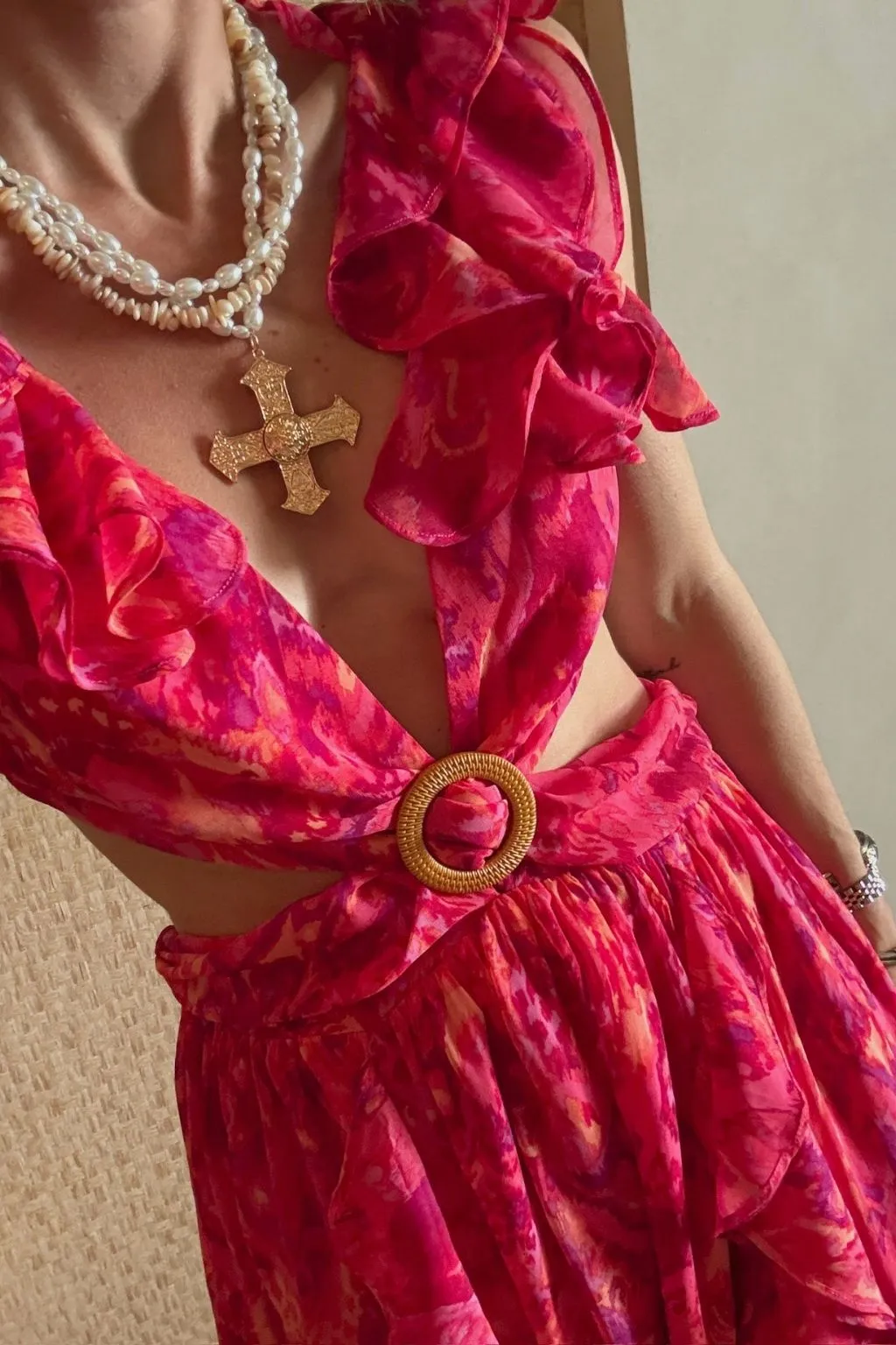 Jolie Pink Printed Ruffle Maxi Dress sold by 12th Tribe product image thumbnail 3
