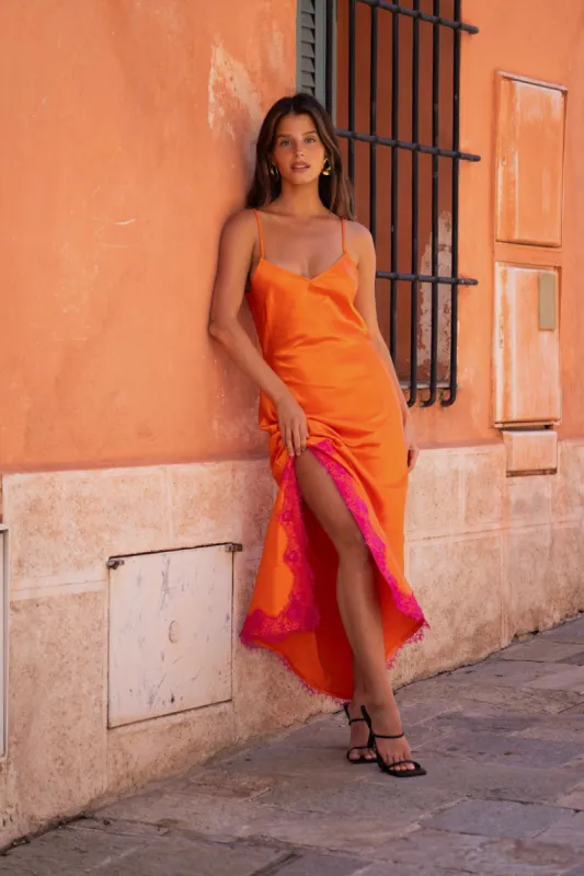 Gigi Orange Satin Maxi Dress sold by 12th Tribe