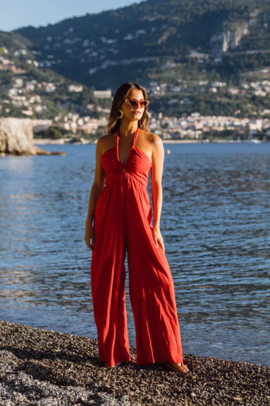 Promenade Red Halter Jumpsuit made by 12th Tribe