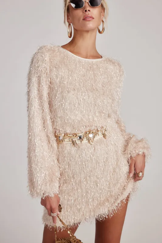 Let's Boogie Cream Long Sleeve Mini Dress made by En Creme