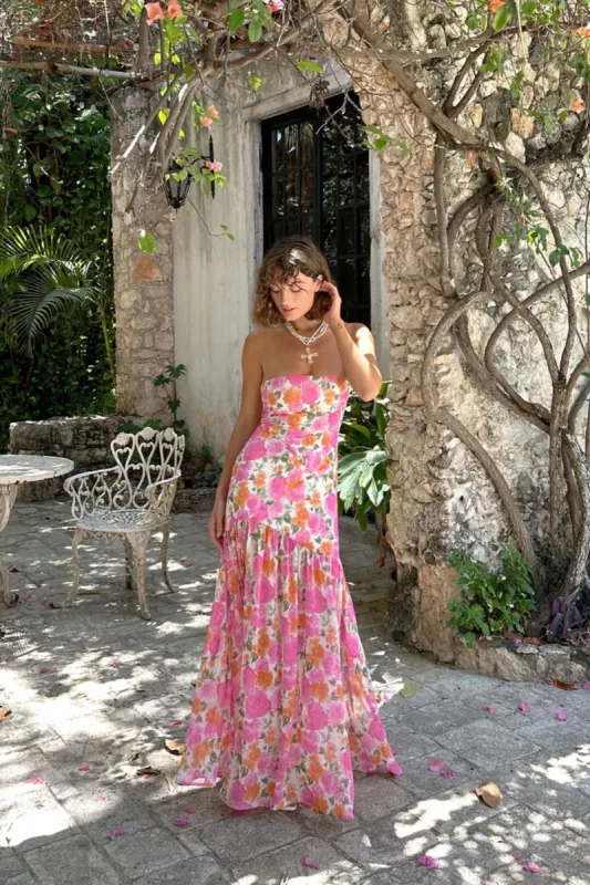 LaBelle Strapless Drop Waist Pink Floral Maxi Dress sold by 12th Tribe