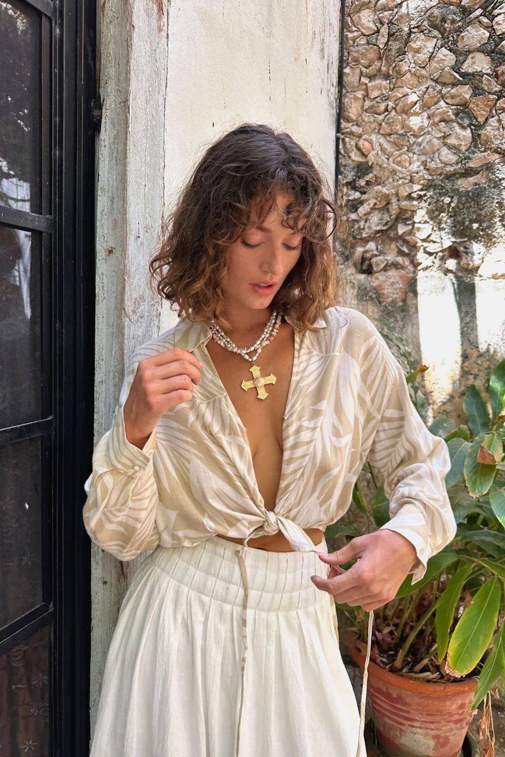 Kiana Beige Palm Print Wrap Top sold by 12th Tribe product image thumbnail 5