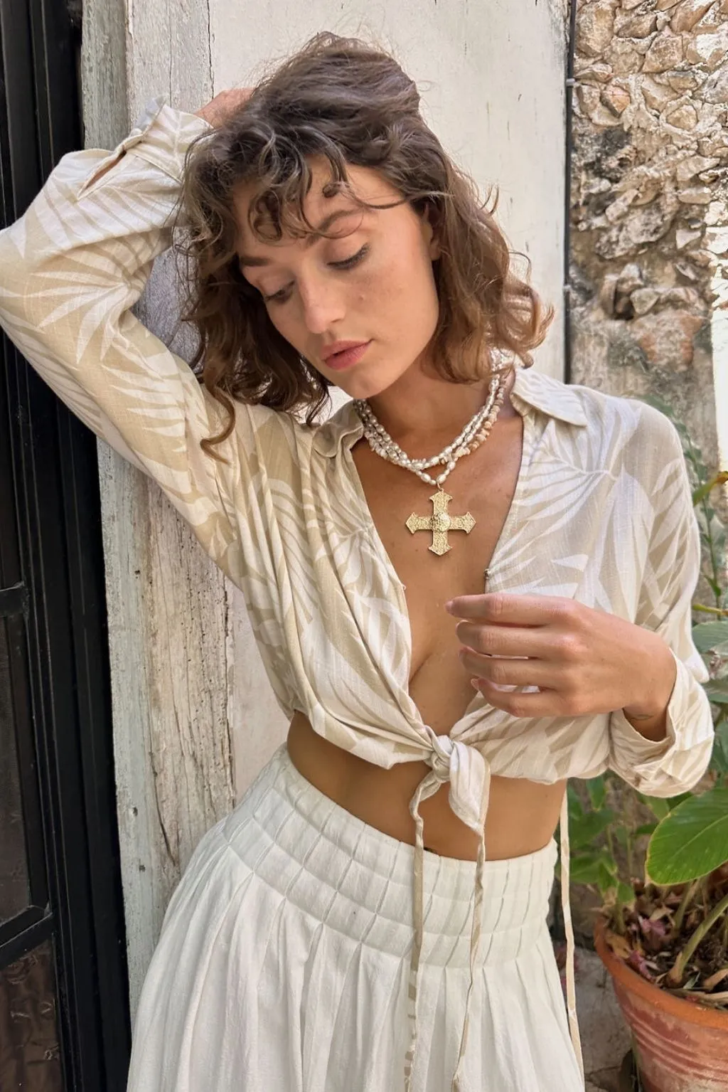 Kiana Beige Palm Print Wrap Top sold by 12th Tribe